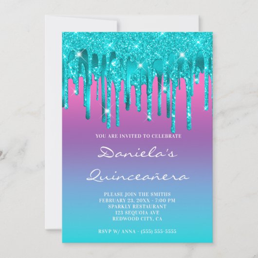 ピンクパープルブルーグラデーションティール（緑がかった色）ドリップキンセアニラ 招待状 (正面)