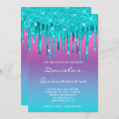 ピンクパープルブルーグラデーションティール（緑がかった色）ドリップキンセアニラ 招待状 (正面/裏面)