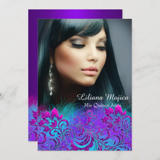 ピンクパープルブルーグリッターフローラキンセアニェラ招待状 招待状 (正面/裏面)