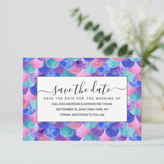 ピンクパープルブルーティール（緑がかった色）ウォーターカラーマーメイドはかりで測 セーブザデート (スタンド正面)