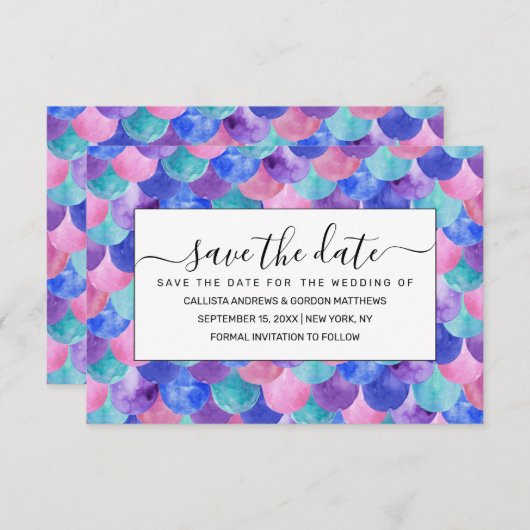 ピンクパープルブルーティール（緑がかった色）ウォーターカラーマーメイドはかりで測 セーブザデート (正面/裏面)