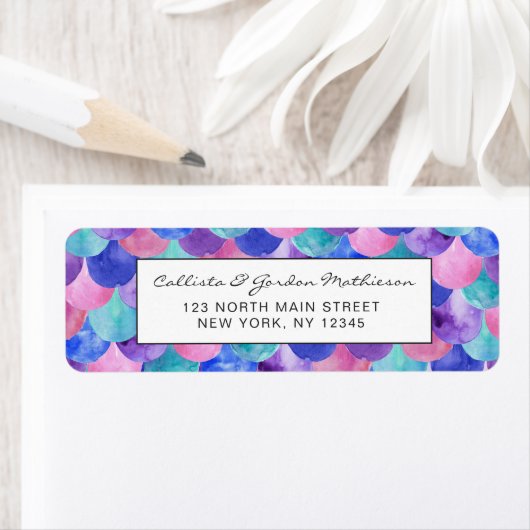 ピンクパープルブルーティール（緑がかった色）ウォーターカラーマーメイドはかりで測 ラベル (インサイチュ)