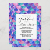 ピンクパープルブルーティール（緑がかった色）ウォーターカラーマーメイドはかりで測 招待状 (正面/裏面)