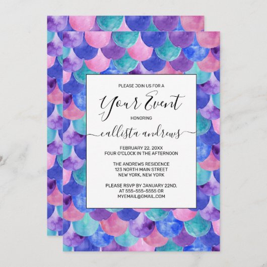 ピンクパープルブルーティール（緑がかった色）ウォーターカラーマーメイドはかりで測 招待状 (正面/裏面)