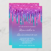 ピンクパープルブルーティール（緑がかった色）ドリップグラデーションキンセアニラ 招待状 (正面/裏面)