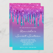 ピンクパープルブルーティール(緑がかった色)ドリップグラデーションSweet sixteen 招待状 (正面/裏面)