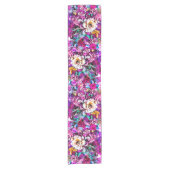 ピンクパープルブルーティール（緑がかった色）ホワイトガーデンフラワーズファンタジー ショートテーブルランナー (正面)