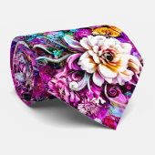 ピンクパープルブルーティール（緑がかった色）ホワイトガーデンフラワーズファンタジー ネクタイ (ロール)