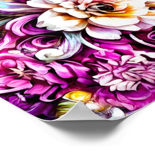 ピンクパープルブルーティール(緑がかった色)ホワイトガーデンフラワーズファンタジー ポスター (角)