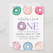 ピンクパープルブルードーナツ誕生日パーティー 招待状 (正面)