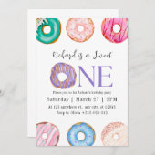 ピンクパープルブルードーナツ誕生日パーティー 招待状 (正面/裏面)