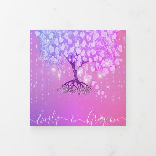 ピンクパープルブルーハートリーフツ結婚リー 三つ折り招待状 (カバー)