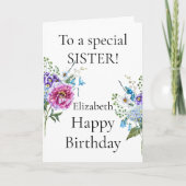 ピンクパープルブルーフラワーズハッピーバースデーシスター カード (正面)