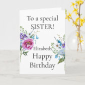 ピンクパープルブルーフラワーズハッピーバースデーシスター カード (黄色い花)