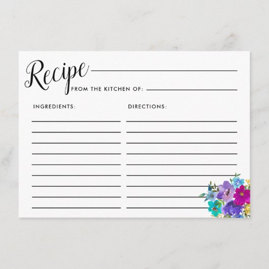 ピンクパープルブルーフローラブライダルシャワーレシピカード エンクロージャーカード (正面)