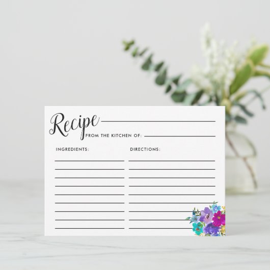 ピンクパープルブルーフローラブライダルシャワーレシピカード エンクロージャーカード (スタンド正面)