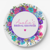 ピンクパープルブルーフローラブライダルシャワー ペーパープレート (正面)