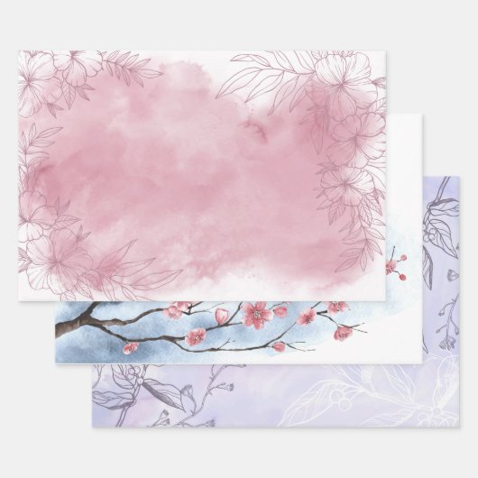 ピンクパープルブルーフローラ水彩誕生日彼女 ラッピングペーパーシート (セット)