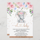 ピンクパープルブルーフローラ象ベビーシャワー 招待状 (正面/裏面)