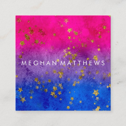 ピンクパープルブルー金ゴールドスターズスパークル美しいスタイリスト スクエア名刺 (正面)