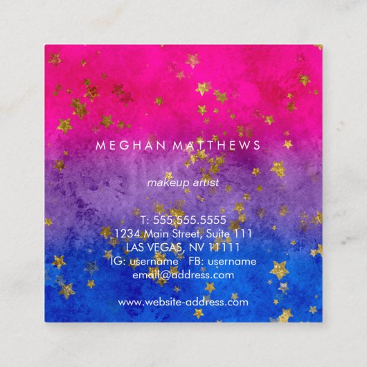 ピンクパープルブルー金ゴールドスターズスパークル美しいスタイリスト スクエア名刺 (裏面)