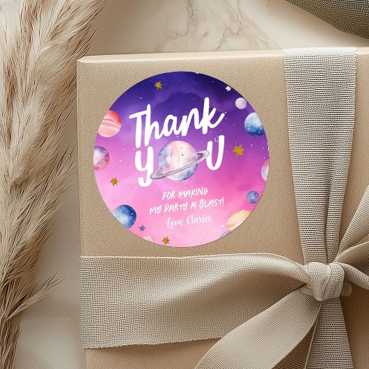ピンクパープルプラネット誕生日サンキューステッカー ラウンドシール
