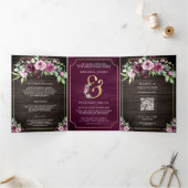 ピンクパープルプラムフローラアンパサンド木材結婚QR 三つ折り招待状 (内部)