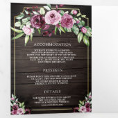 ピンクパープルプラムフローラアンパサンド木材結婚QR 三つ折り招待状 (内部最初)