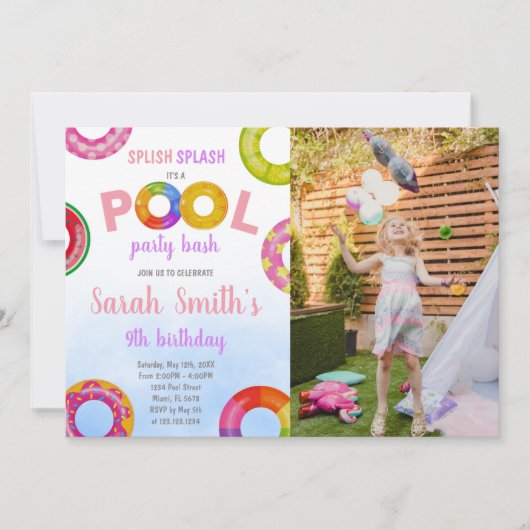 ピンクパープルプール誕生日招待状と写真 招待状 (正面)