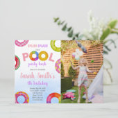 ピンクパープルプール誕生日招待状と写真 招待状 (スタンド正面)