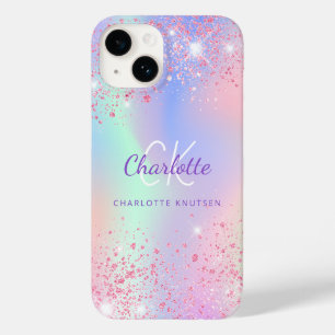ピンクパープルホログラフィックグリッターモノグラム名 Case-Mate iPhone 14ケース