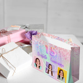 ピンクパープルホログラフィックフォトキンセアニェラ ラージペーパーバッグ