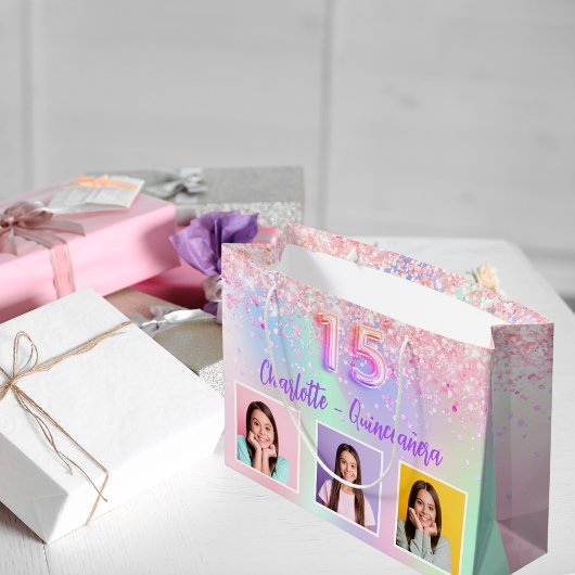 ピンクパープルホログラフィックフォトキンセアニェラ ラージペーパーバッグ