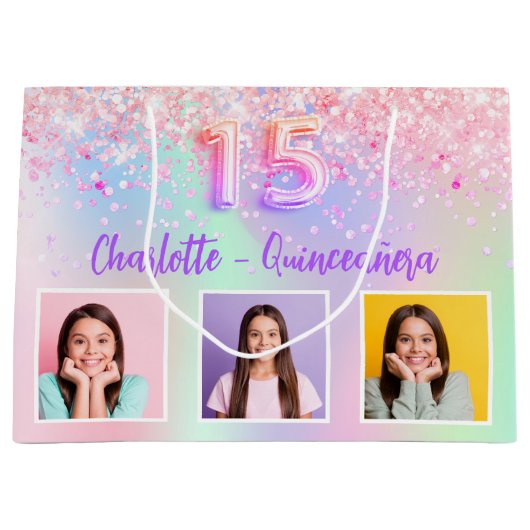 ピンクパープルホログラフィックフォトキンセアニェラ ラージペーパーバッグ (正面)