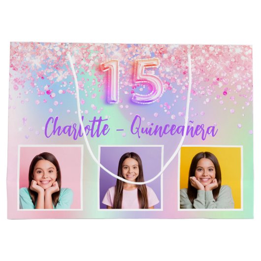 ピンクパープルホログラフィックフォトキンセアニェラ ラージペーパーバッグ (裏面)