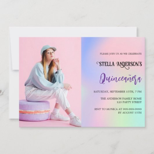 ピンクパープルホログラフィックフォトキンセアニェラ 招待状 (正面)