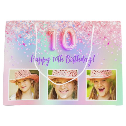 ピンクパープルホログラフィックフォト10歳の誕生日 ラージペーパーバッグ (正面)