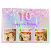 ピンクパープルホログラフィックフォト10歳の誕生日 ラージペーパーバッグ (裏面)
