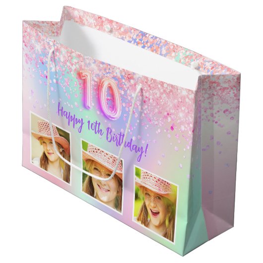 ピンクパープルホログラフィックフォト10歳の誕生日 ラージペーパーバッグ (正面アングル)