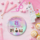 ピンクパープルホログラフィックフォト21歳の誕生日パーティー ペーパープレート (パーティー)