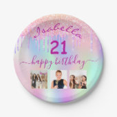 ピンクパープルホログラフィックフォト21歳の誕生日パーティー ペーパープレート (正面)
