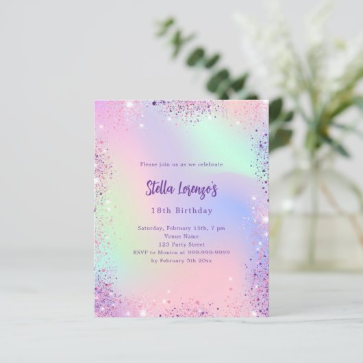 ピンクパープルホログラフィック予算誕生日の招待状 (スタンド正面)
