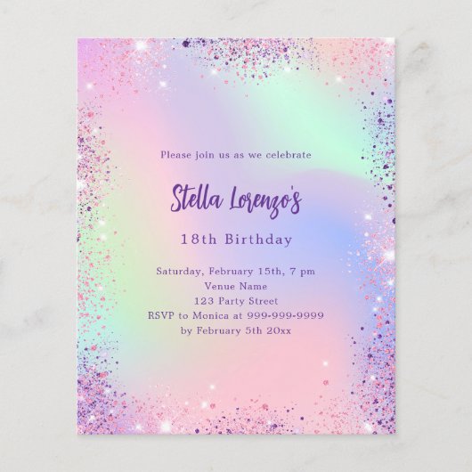 ピンクパープルホログラフィック予算誕生日の招待状 (正面)