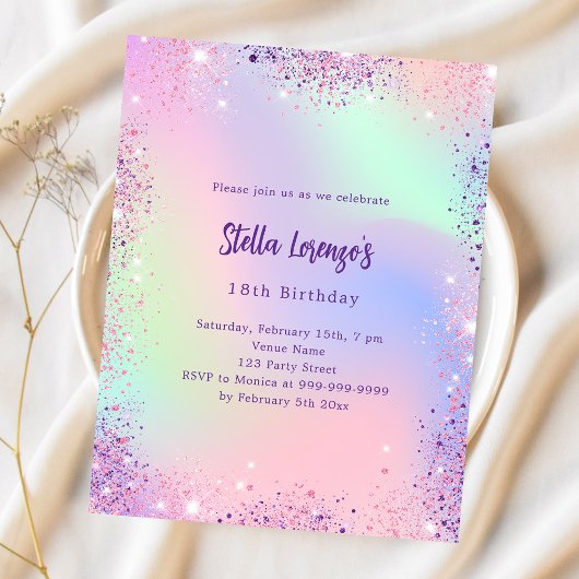 ピンクパープルホログラフィック予算誕生日の招待状