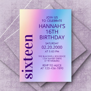 ピンクパープルホログラフィック誕生日 招待状