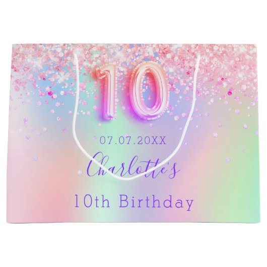 ピンクパープルホログラフィック10歳の誕生日 ラージペーパーバッグ (正面)