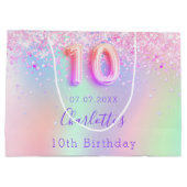 ピンクパープルホログラフィック10歳の誕生日 ラージペーパーバッグ (裏面)