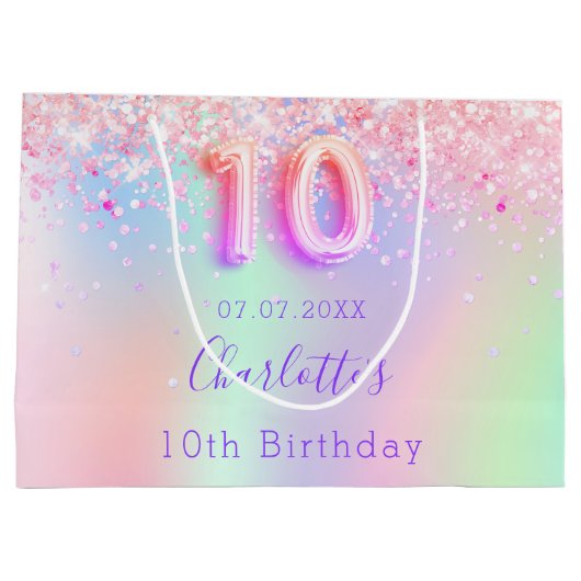 ピンクパープルホログラフィック10歳の誕生日 ラージペーパーバッグ (裏面)