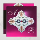 ピンクパープルホワイトダマスクモノグラムアメジスト明るい赤紫色 招待状 (正面/裏面)