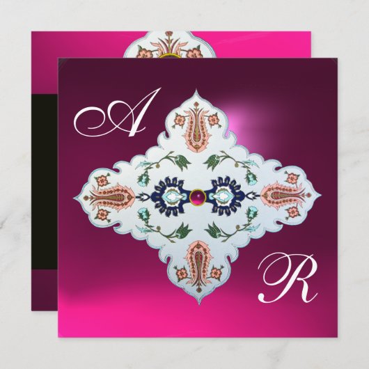 ピンクパープルホワイトダマスクモノグラムアメジスト明るい赤紫色 招待状 (正面/裏面)
